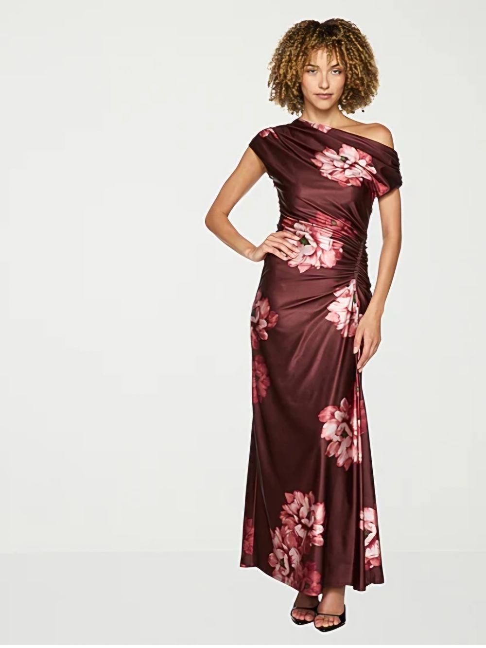 Premier AMOUR Off-Shoulder Floral Maxi Dress in Burgundy and Pink